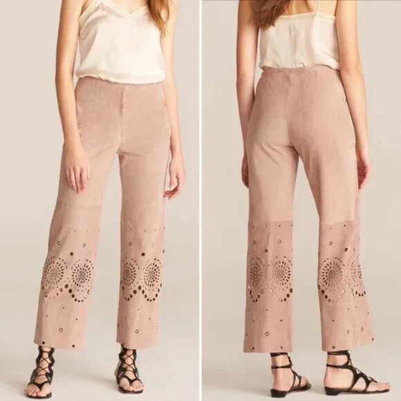Rebecca Taylor Suede Pants Womens 6 Mocha Contemporary Boho Western Lace - Picture 2 of 10